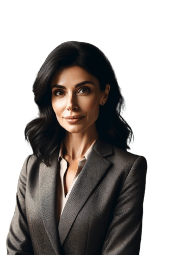 A professional woman with dark hair, dressed smartly, stands confidently in front of a chalkboard filled with educational notes and diagrams.