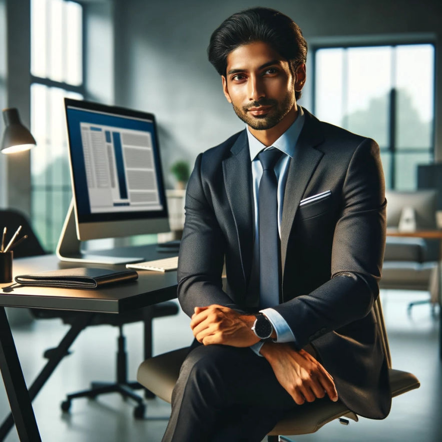 A professional man of East Indian descent sits confidently in front of a computer in a modern office setting, representing professional services.