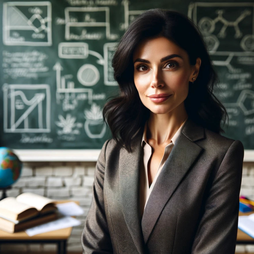 A professional woman with dark hair, dressed smartly, stands confidently in front of a chalkboard filled with educational notes and diagrams.