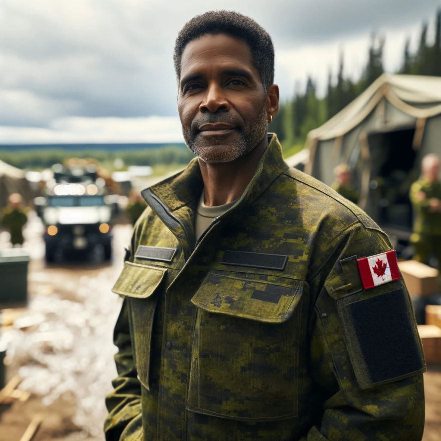 A middle-aged African American man dressed in Canadian army clothing stands confidently in a setting that suggests readiness and authority.