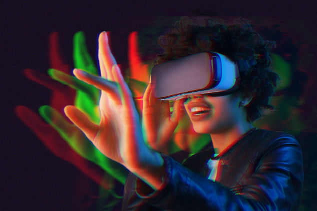 A woman wearing a virtual reality headset with glitch art effects and vibrant neon colors, representing immersion in virtual reality.