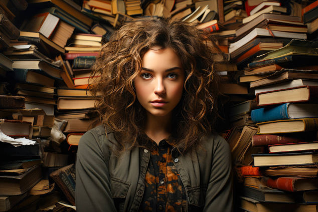 A woman surrounded by stacks of books, with a focused gaze, suggesting a love for reading or knowledge acquisition.