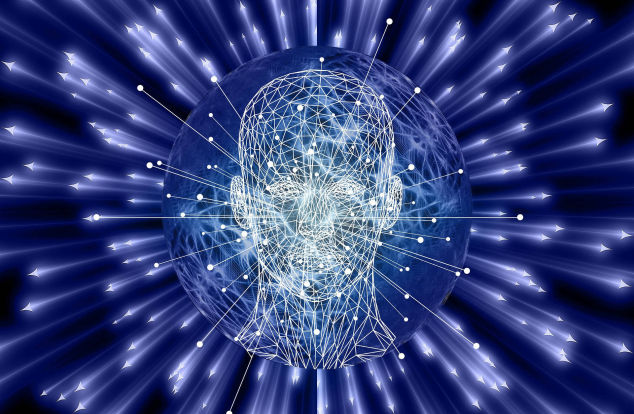  A digital wireframe of a human head with points of light connected by lines, set against a background with radial light rays, suggesting concepts of artificial intelligence, neural networks, or data processing.