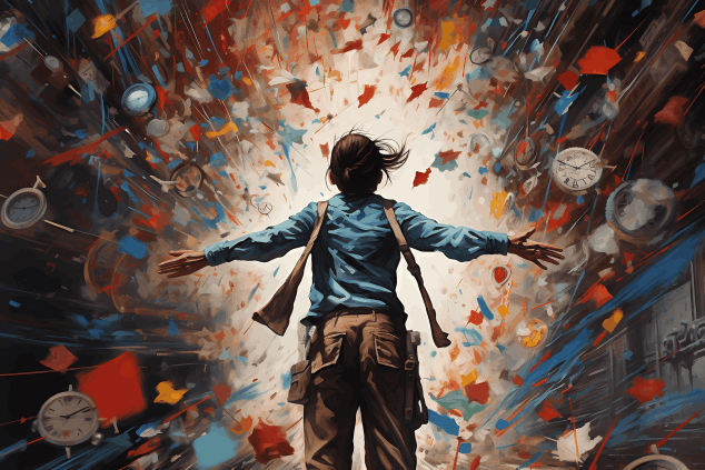 An artwork of a person with outstretched arms amidst a dynamic backdrop of paint splashes and floating clocks, conveying a sense of chaos, creativity, or time passing.