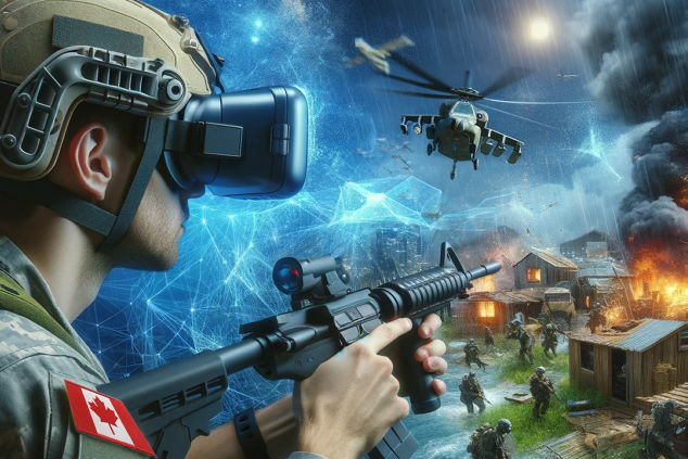 A soldier in combat gear wearing a virtual reality headset, holding a rifle with a digital overlay of tactical information, signifying military training or future warfare simulation.